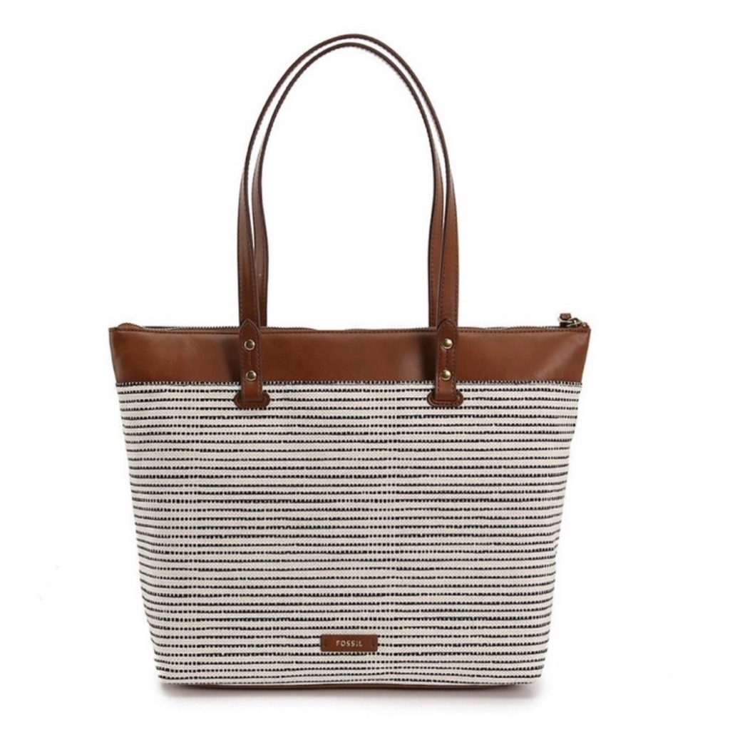 Fossil Ana Striped Canvas Leather Tote Bag Brown Tan Work Travel Beach Shopper